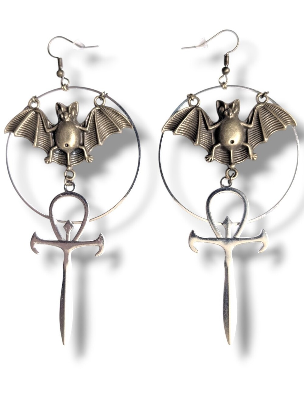 NWT Handmade Large Bronze Bat Silver Ankh Hoop Earrings